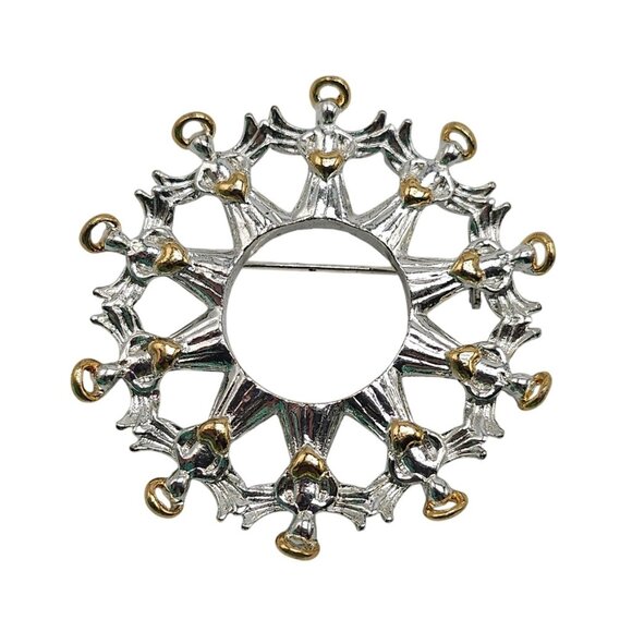 Avon Silver Gold Tone Starburst Angel Circle Pin Brooch - Picture 1 of 5